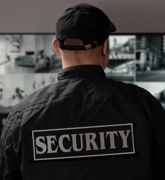 A room with multiple security monitors displaying various camera feeds